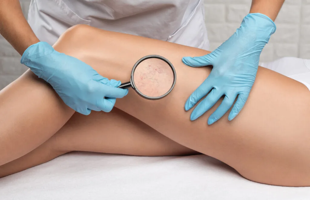 vein doctor examines the spider veins on clients leg